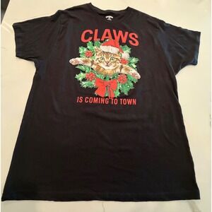 Holiday Time Mens Claws Is Coming To Town Christmas Cat T-Shirt Black XL